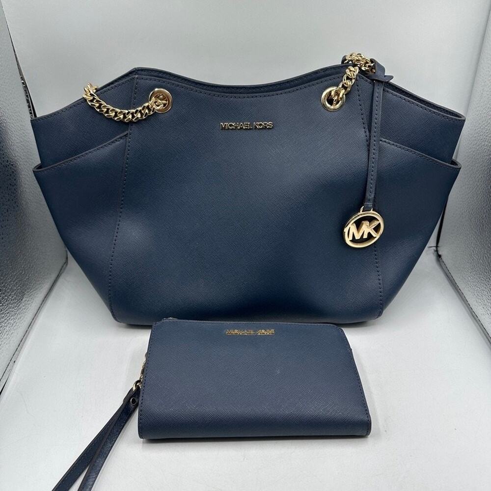 Michael Kors Handbag Nicole Navy Saffiano Leather Tote Shoulder Bag w/ Wallet